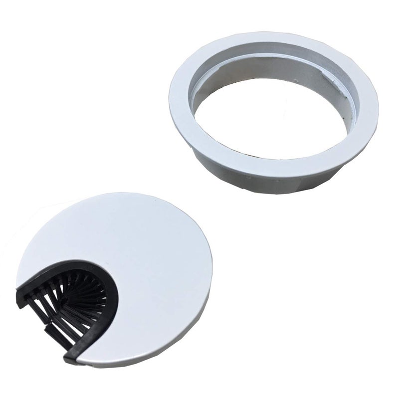 Desunia Gloss White Metal Cable Grommet | 2 Piece "Lock in" Feature with "Brush" Opening for Management of Office & Computer Desk Wires | 60mm (2 3/8") Hole Opening | 1 Pack - Image 2